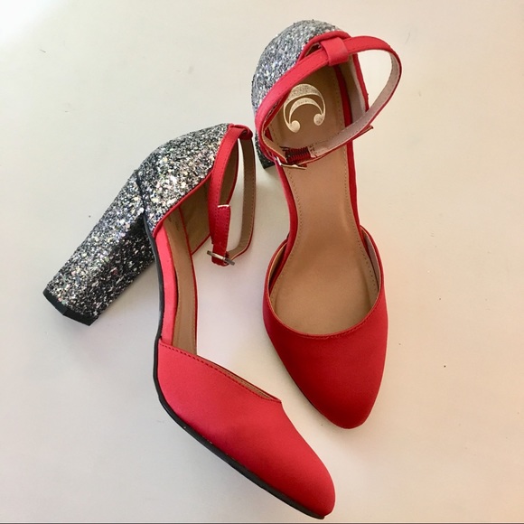 red glitter block heels